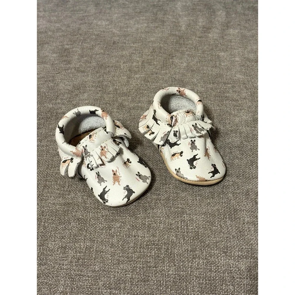 Freshly Picked White with playful french bulldog print Leather moccasins Size 2